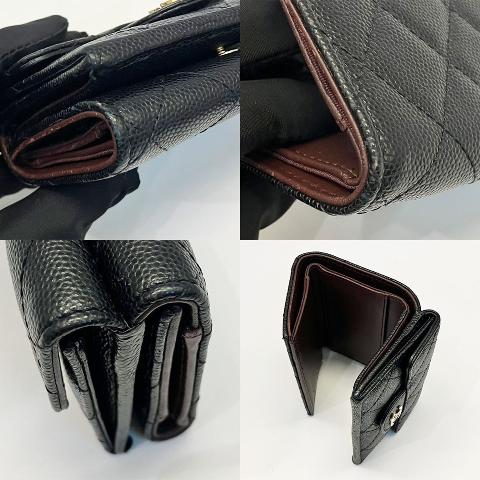 CHANEL Caviar Leather Tri-fold Wallet, Black, Women's, Matelasse