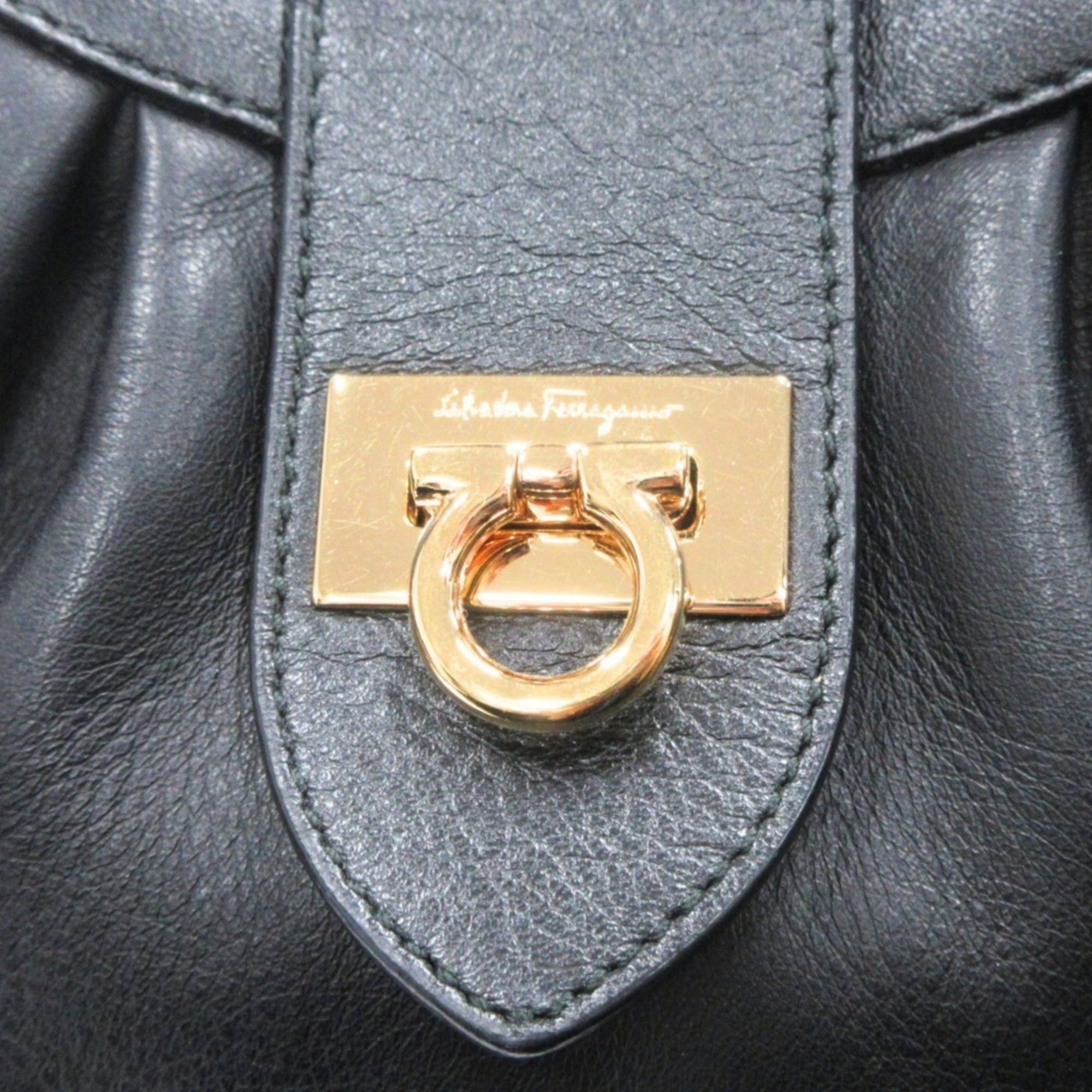 Salvatore Ferragamo Gancini Leather 2-Way Handbag with Gold Hardware, Black, Women's
