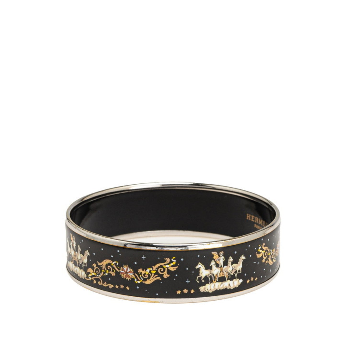 Hermes enamel horse, Pegasus, and star motif bangle in silver, black, multicolored metal for women.
