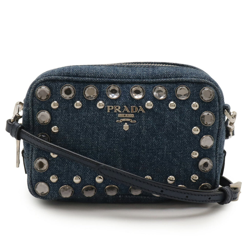 PRADA Prada Shoulder Bag Pochette Pouch Denim Beaded Leather Blue 1N1674