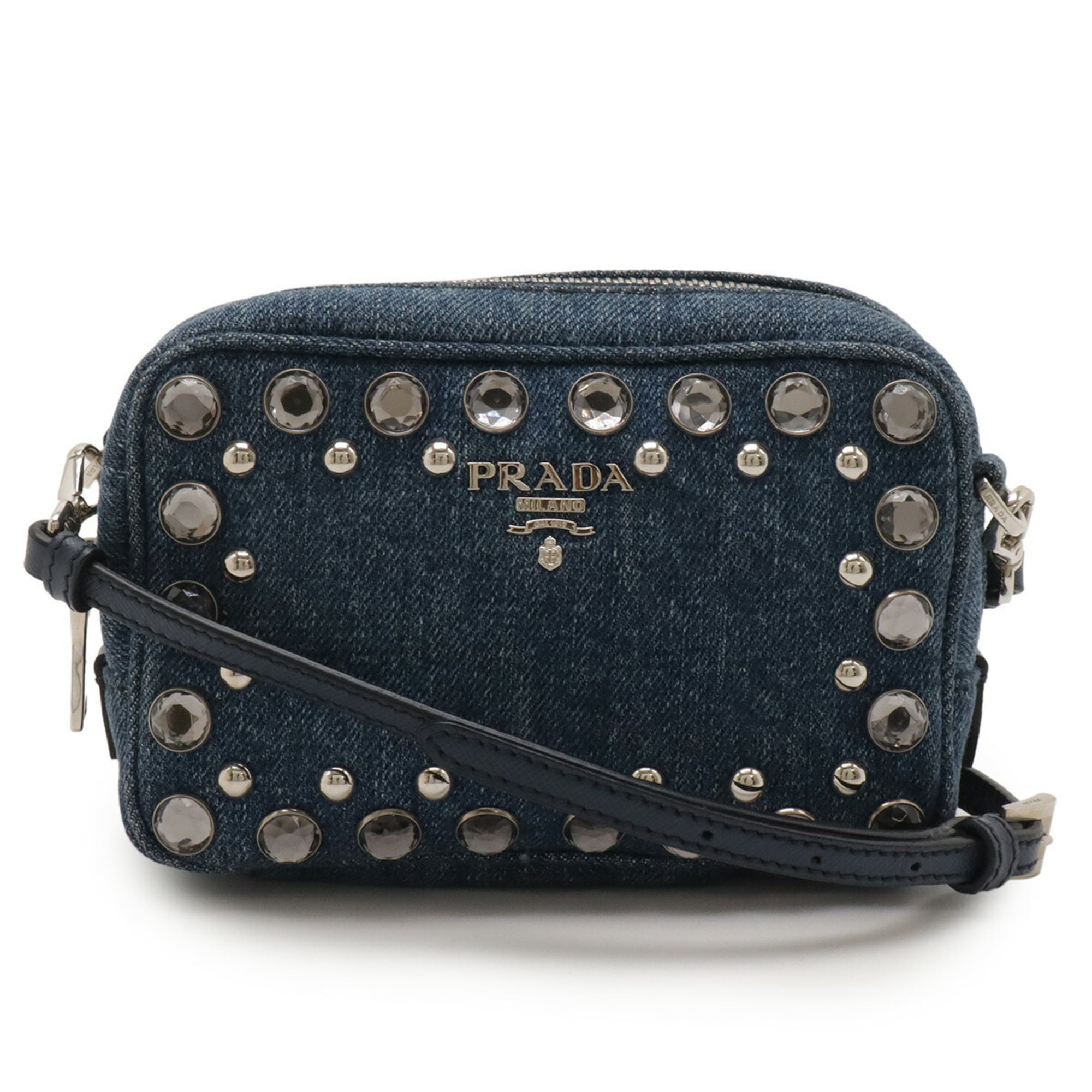 PRADA Prada Shoulder Bag Pochette Pouch Denim Beaded Leather Blue 1N1674