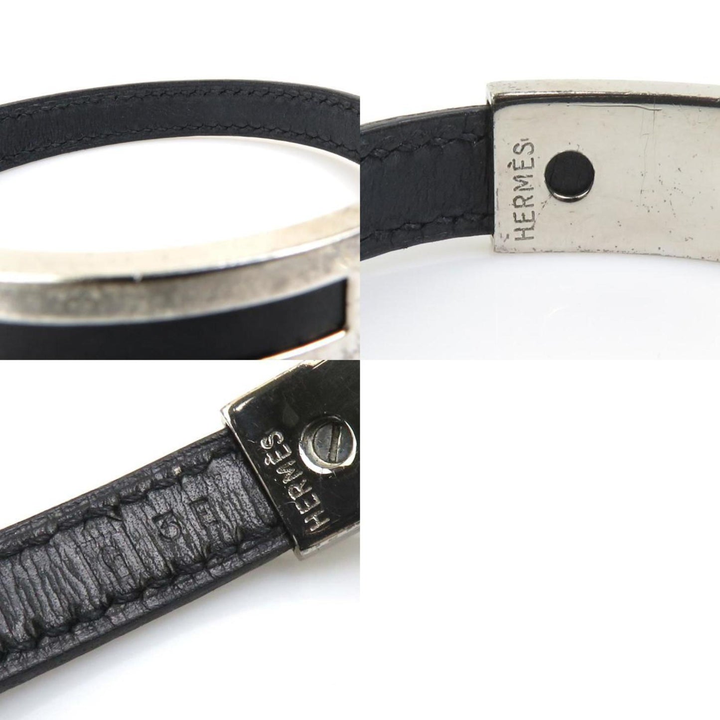 Hermes Hermès Puspus Bracelet, Leather, Metal, Black, Silver, Men's/Women's, 56347a