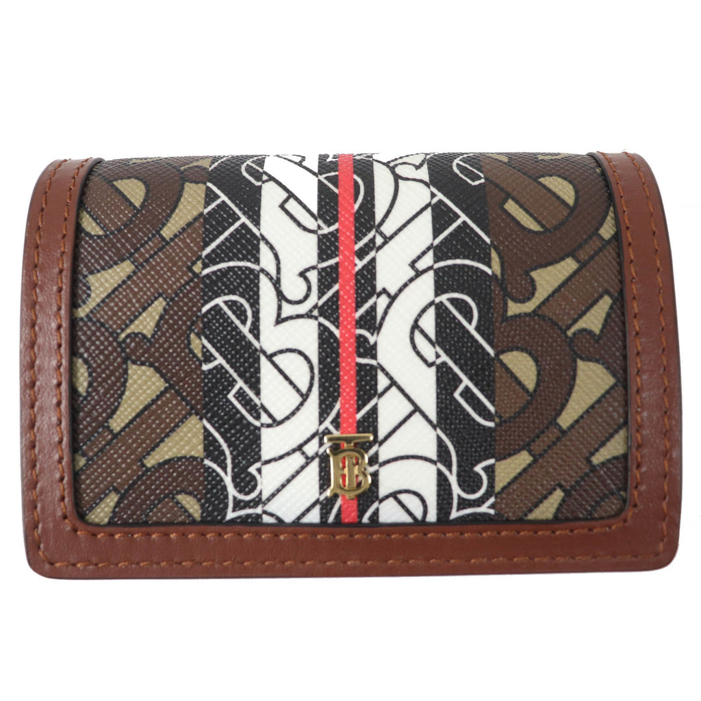 BURBERRY TB All-Over Print Compact Chain Wallet, Leather Bifold Brown, Women's
