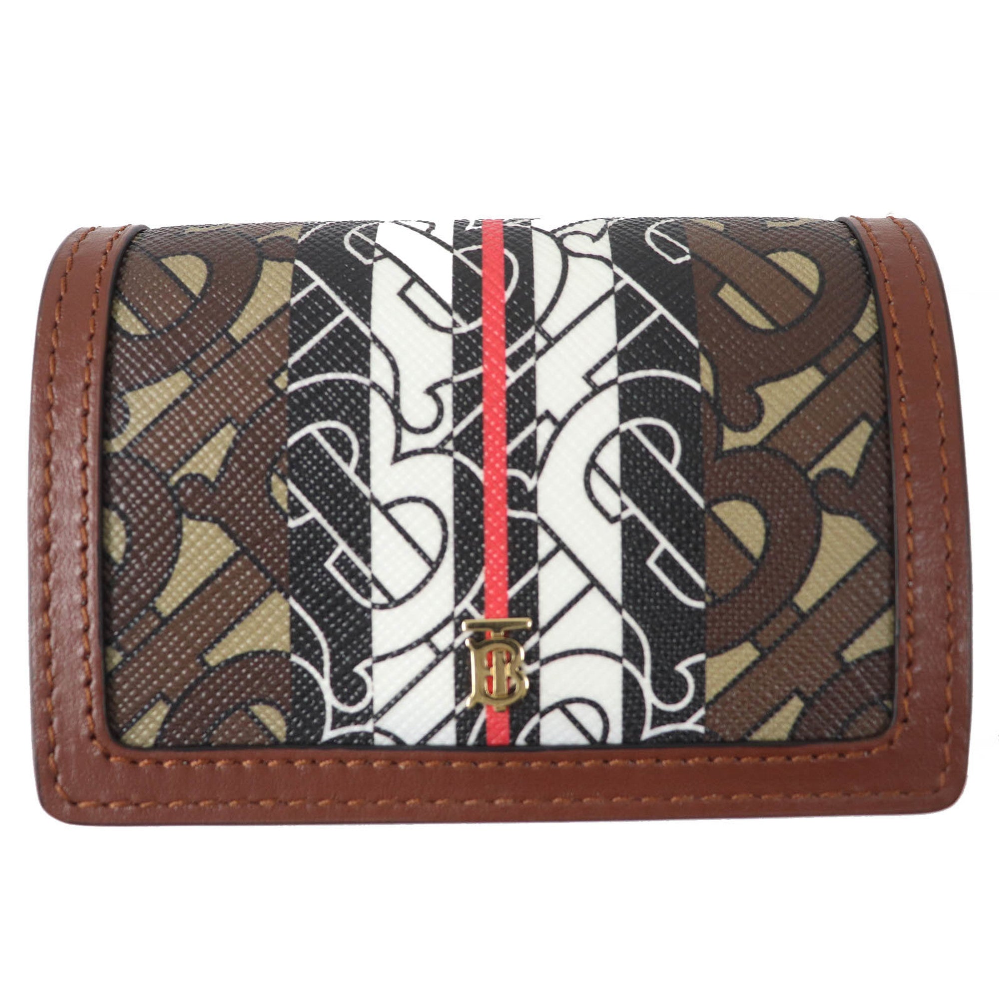 BURBERRY TB All-Over Print Compact Chain Wallet, Leather Bifold Brown, Women's
