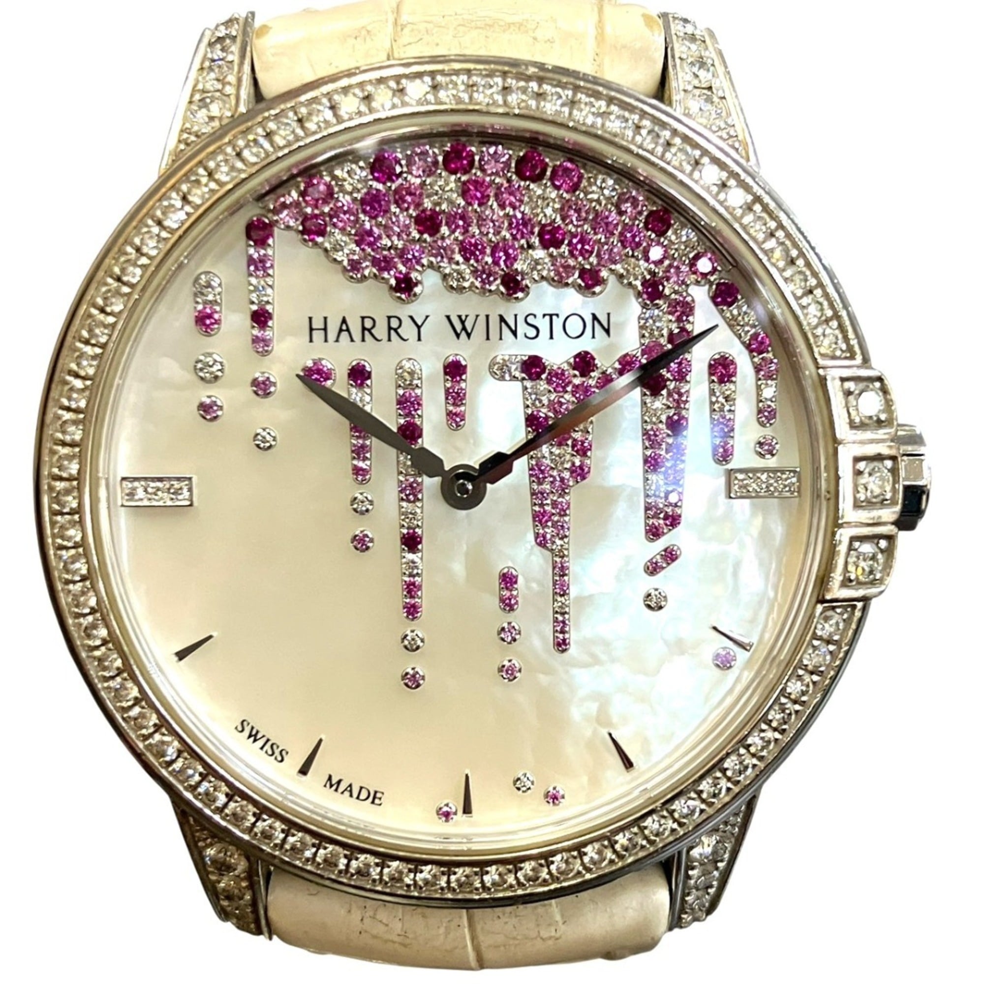 Harry Winston Midnight Diamond Stalactite Watch, Total Weight 64.7g, 18K Gold, Genuine Leather Strap, Automatic Movement, Mother-of-Pearl Dial, MIDAHM36WW001 — Very Good
