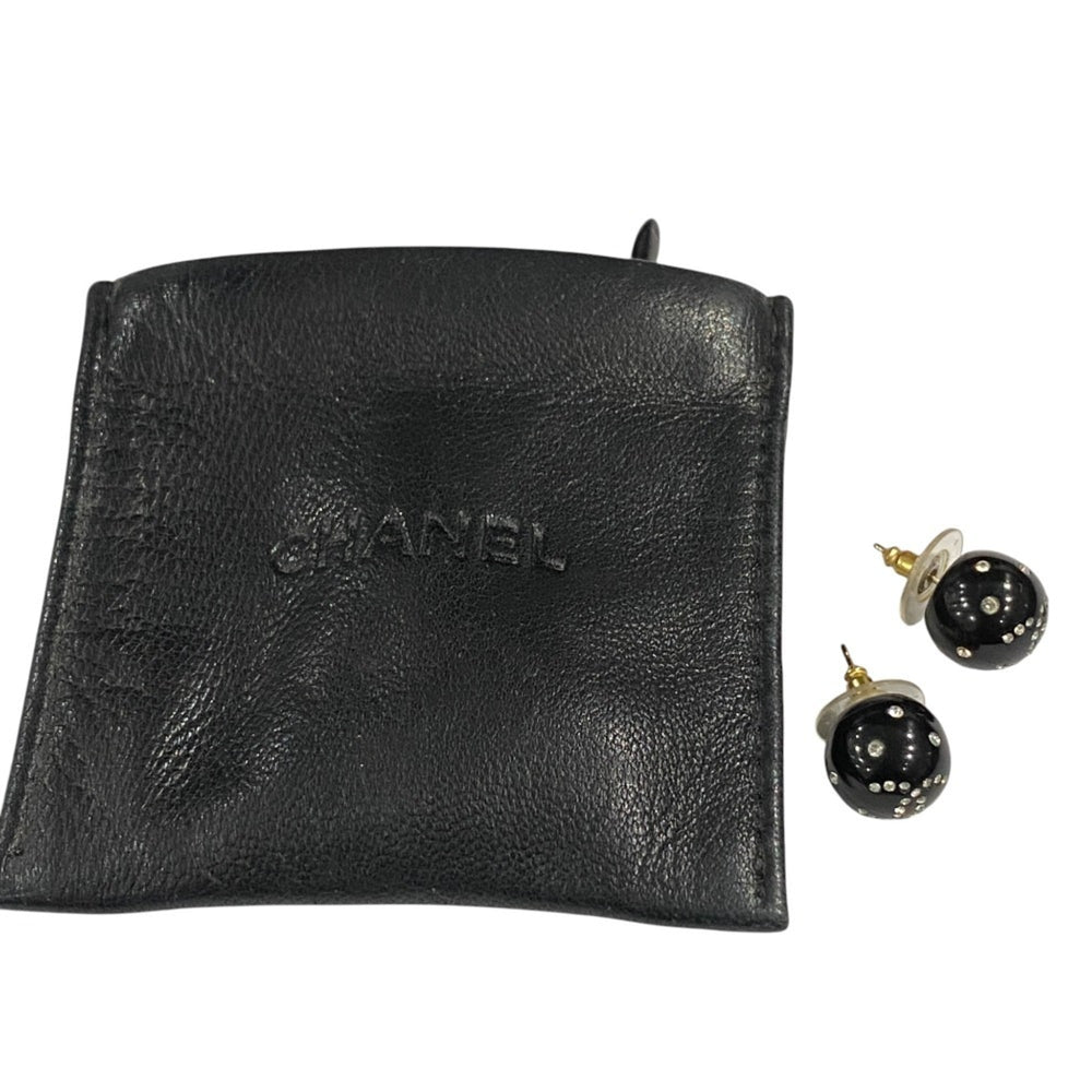 08A CHANEL Coco Mark Rhinestone Ball Stud Earrings, Black, Women's — Like New