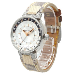 Louis Vuitton Tambour Moon Dual Time MM GMT QA108 Ladies' Watch with 12 Diamond Lugs, Black Diamonds, Silver, Quartz Movement — Very Good