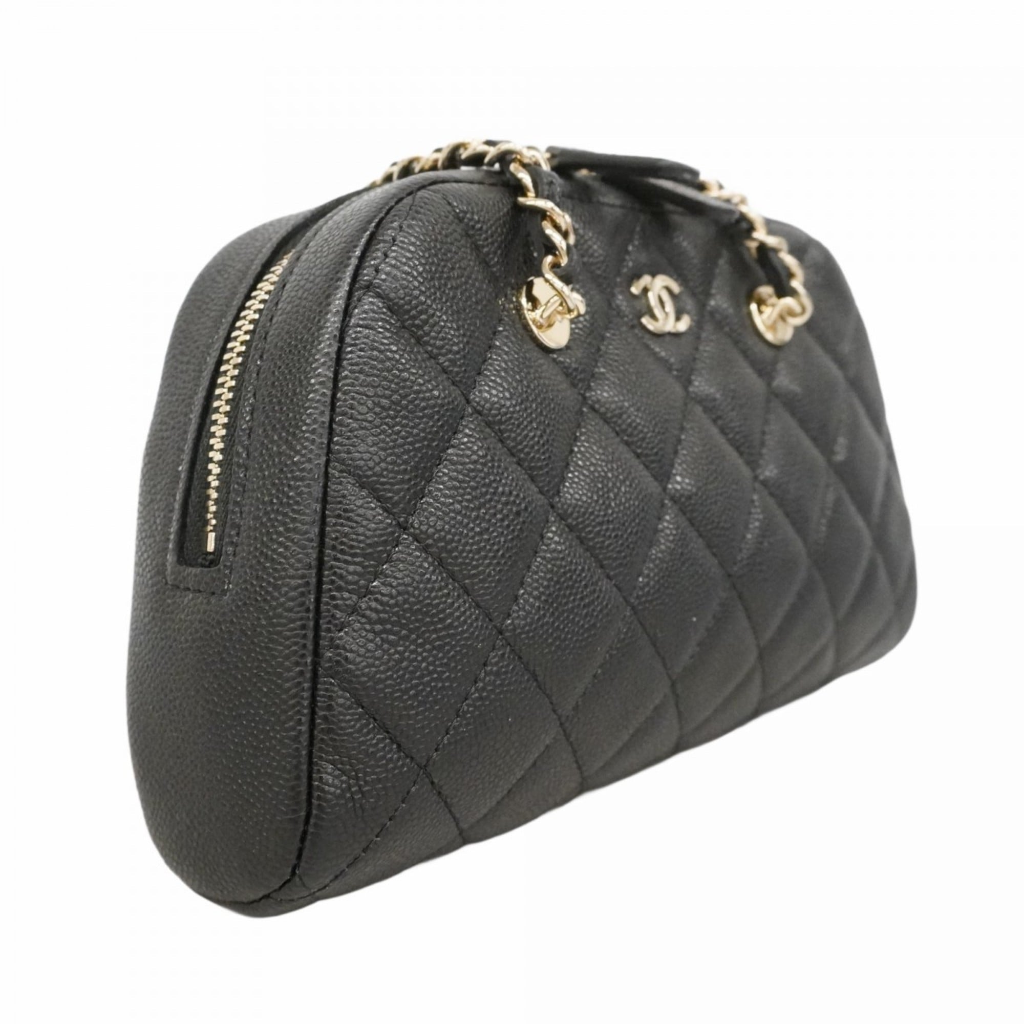 Chanel Matelasse Shoulder Bag with Chain, Caviar Skin, Black Champagne, Women's