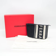 Salvatore Ferragamo Logo EE-24 1638 Women,Men Leather,Cotton Pouch Cream,Navy — Like New