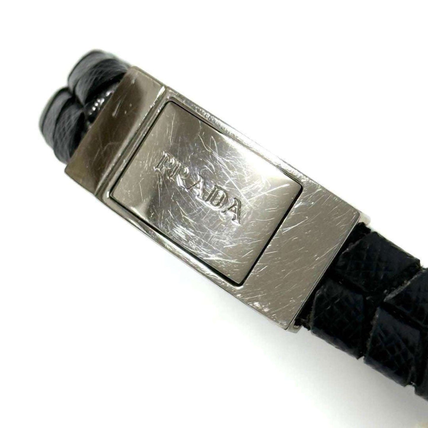 Prada Men's Logo Plate Leather Bracelet Black