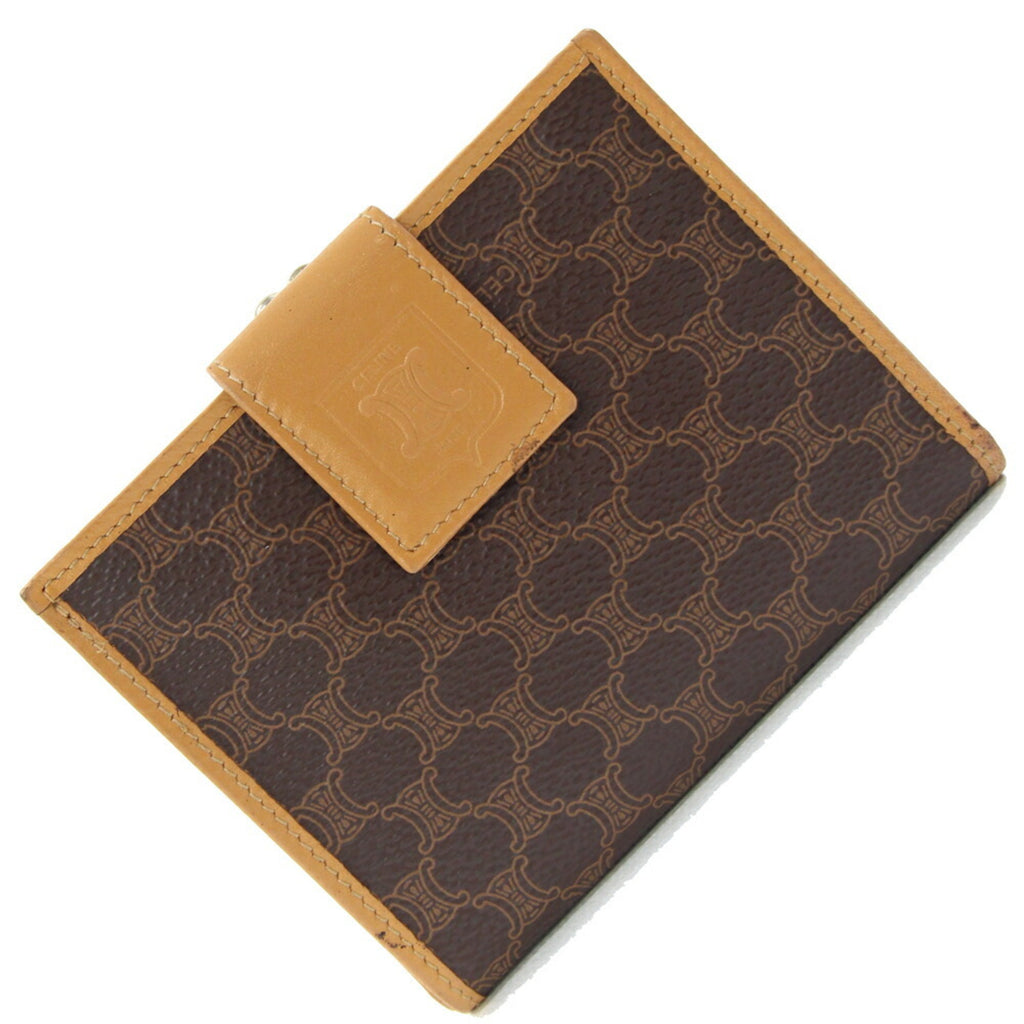 Celine bifold wallet in macadam, dark brown, beige, PVC, and leather. Compact wallet/mini wallet. For older women.