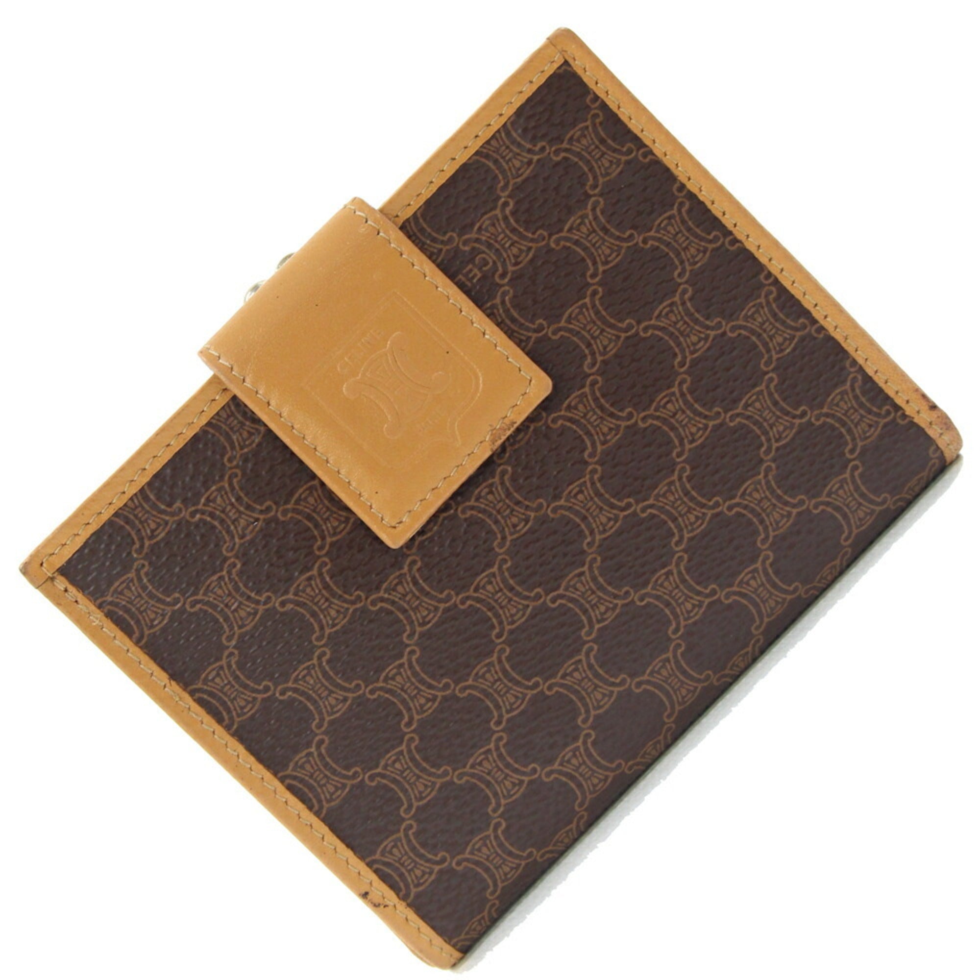 Celine bifold wallet in macadam, dark brown, beige, PVC, and leather. Compact wallet/mini wallet. For older women.