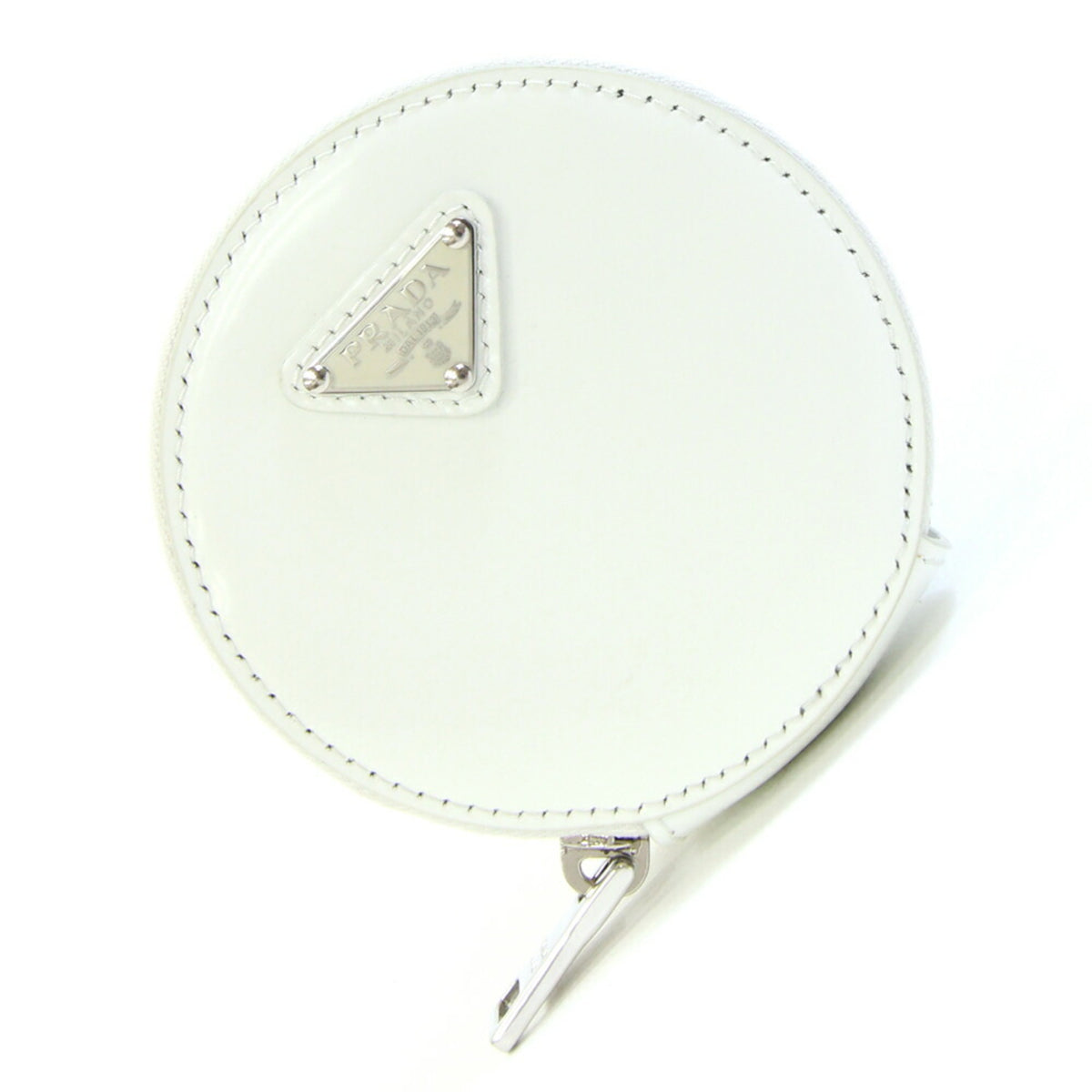 Prada Mini Pouch Wallet/Coin Case 1TL431 White Leather Coin Purse Accessory Bag Charm Round Keychain Triangle Plate PRADA | Handbag Attachment Carabiner — Like New