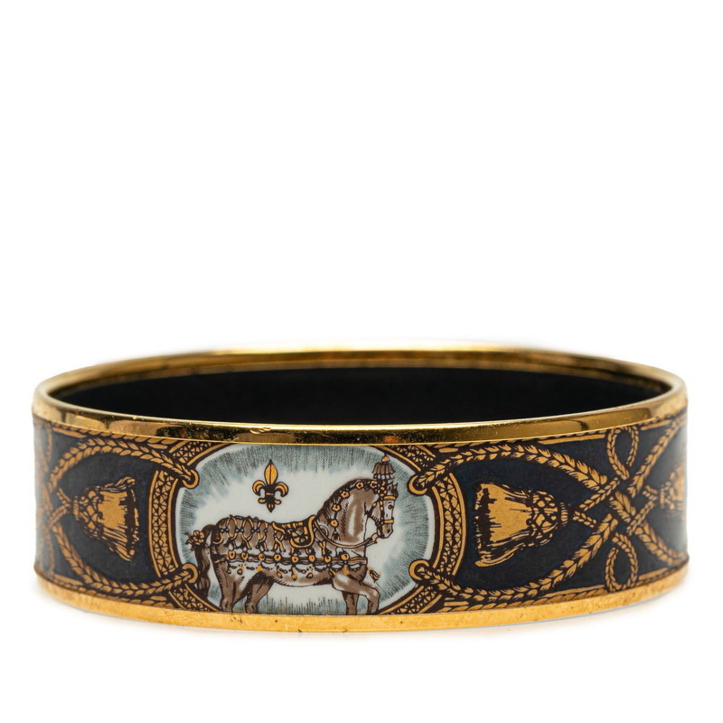 Hermes enamel GM cloisonné horse motif bangle in gold, black, and multicolored plating for women.