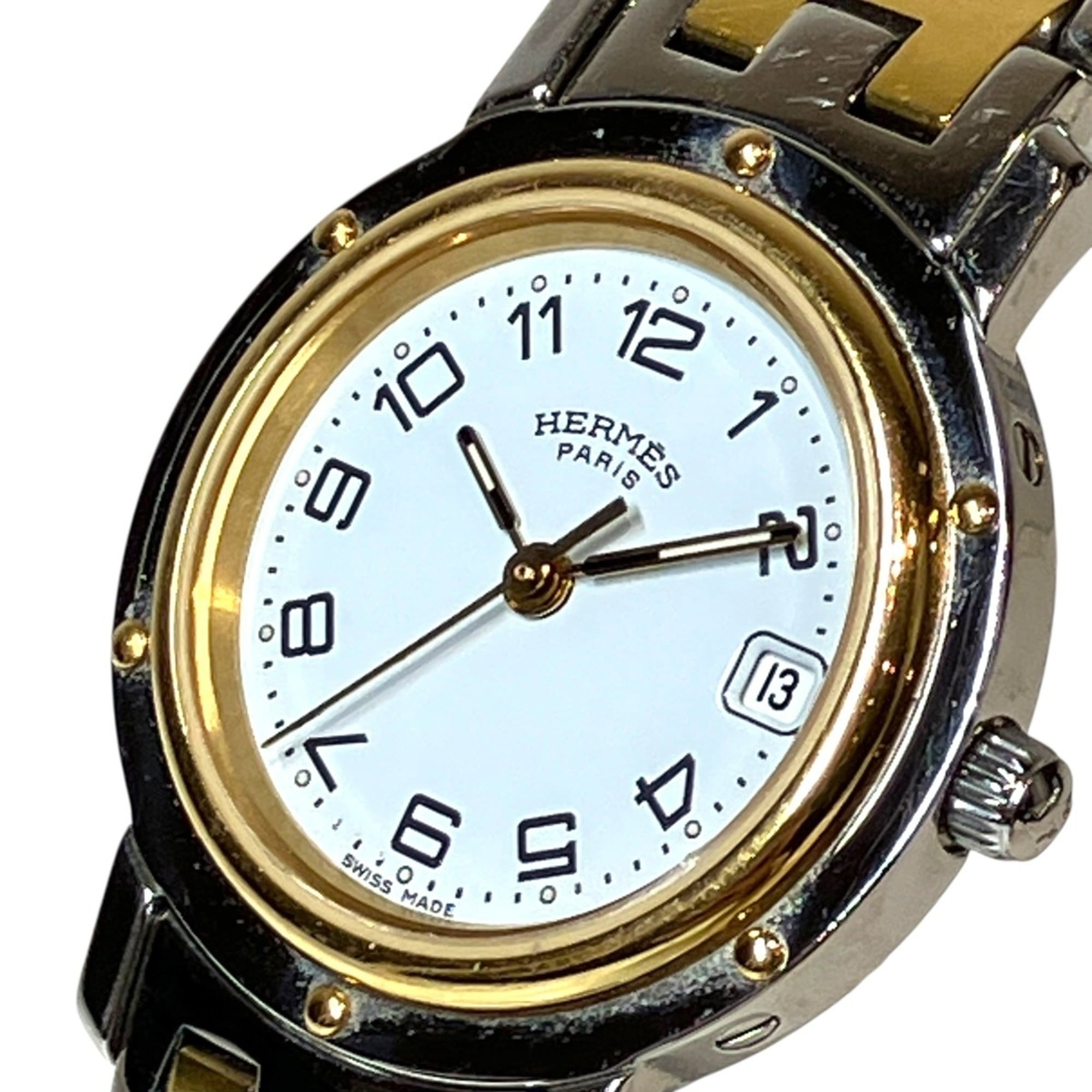 Hermes Clipper Two-Tone Watch, Total Weight 43.6g, Stainless Steel, Quartz Movement, White Dial, CL4.220 — Good