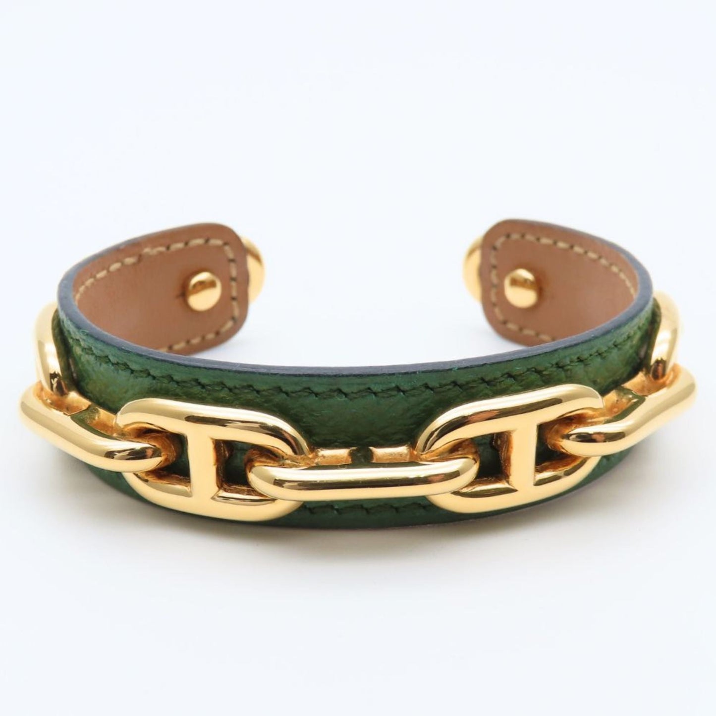 Hermes Chaine d'Ancre Bangle, Leather and Metal, Green Gold Plated, GP, Women's, HERMES