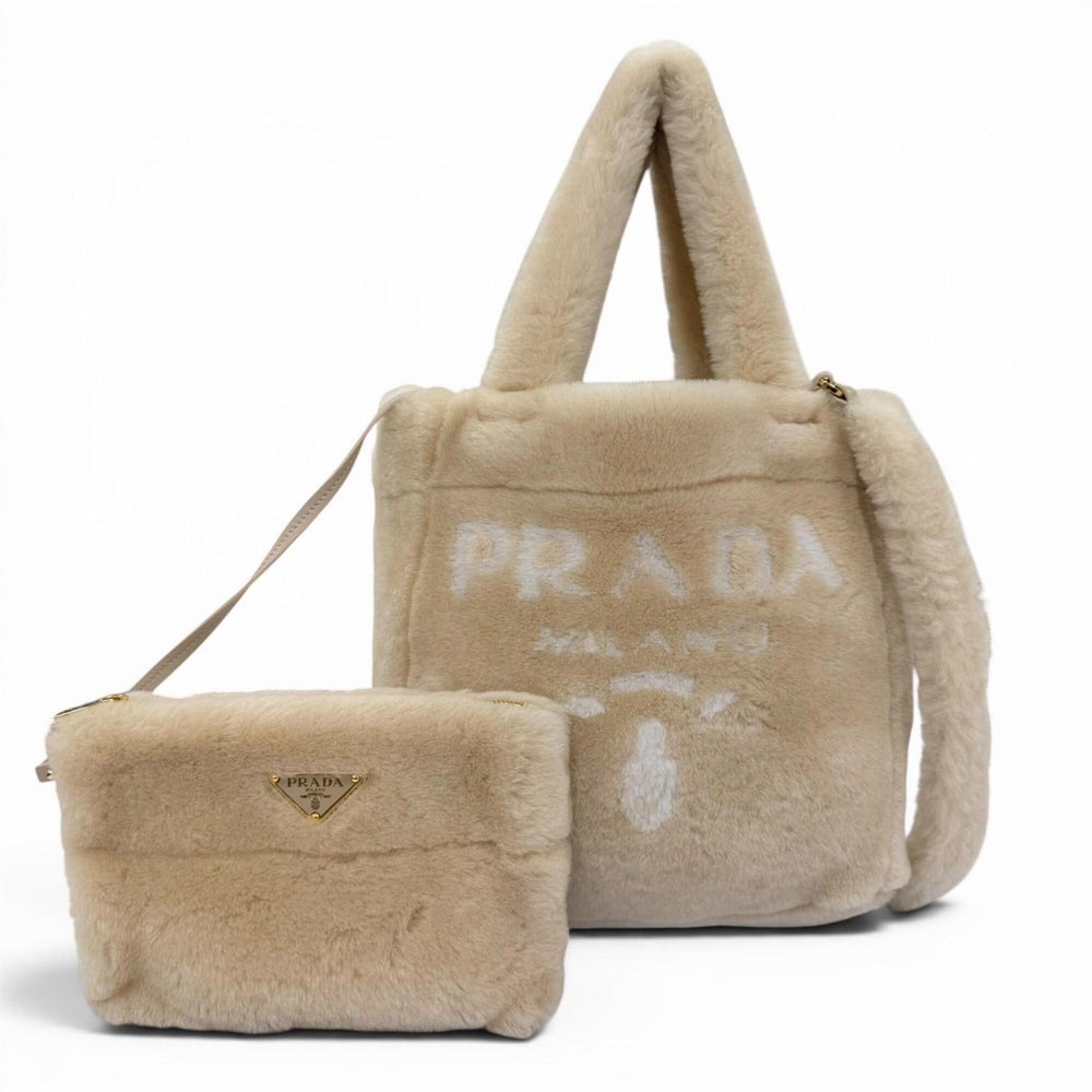 PRADA 1BG447 Terry Shearling Tote Sheepskin Triangle Logo Pouch Included 2-Way Shoulder Bag Beige Made in Italy Women's — Like New