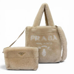 PRADA 1BG447 Terry Shearling Tote Sheepskin Triangle Logo Pouch Included 2-Way Shoulder Bag Beige Made in Italy Women's — Like New