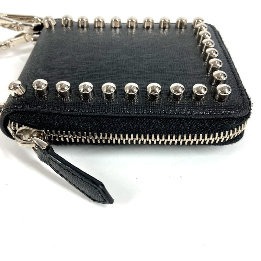 FENDI 7M0197 Karl Lagerfeld Round Zip Compact Wallet with Chain, Black Leather, Men's and Women's