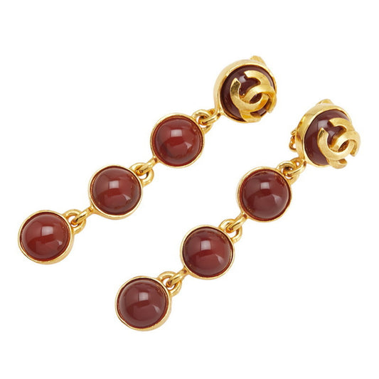 Vintage Chanel Coco Mark Round Swing Earrings, Gold and Wine Red Plated, Women's
