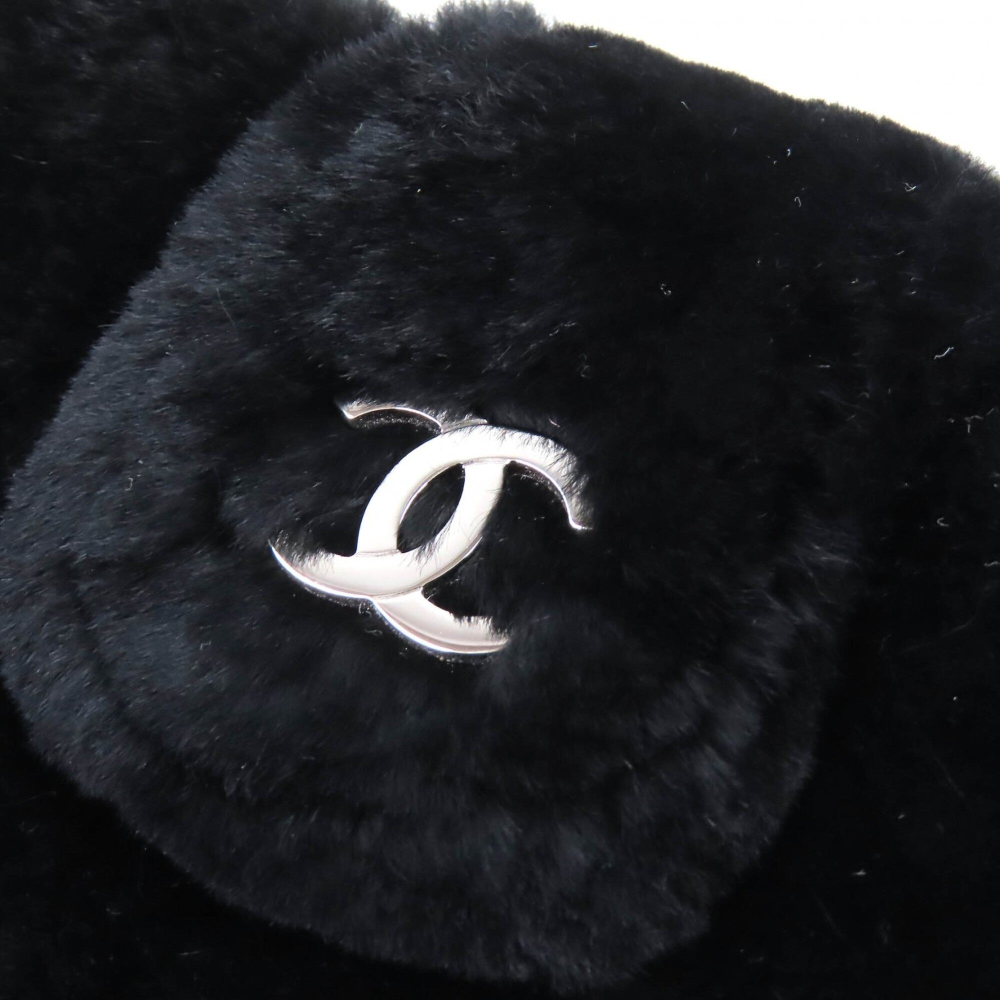 CHANEL Vintage Coco Mark Leather and Orilag Fur Pouch, Black with Silver Hardware, Comes Box, Made in Italy, Women's — Like New