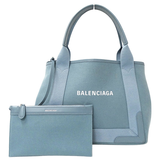 Balenciaga Women's Navy Cabas Small Canvas Tote Bag (339933) in Light Blue with Pouch