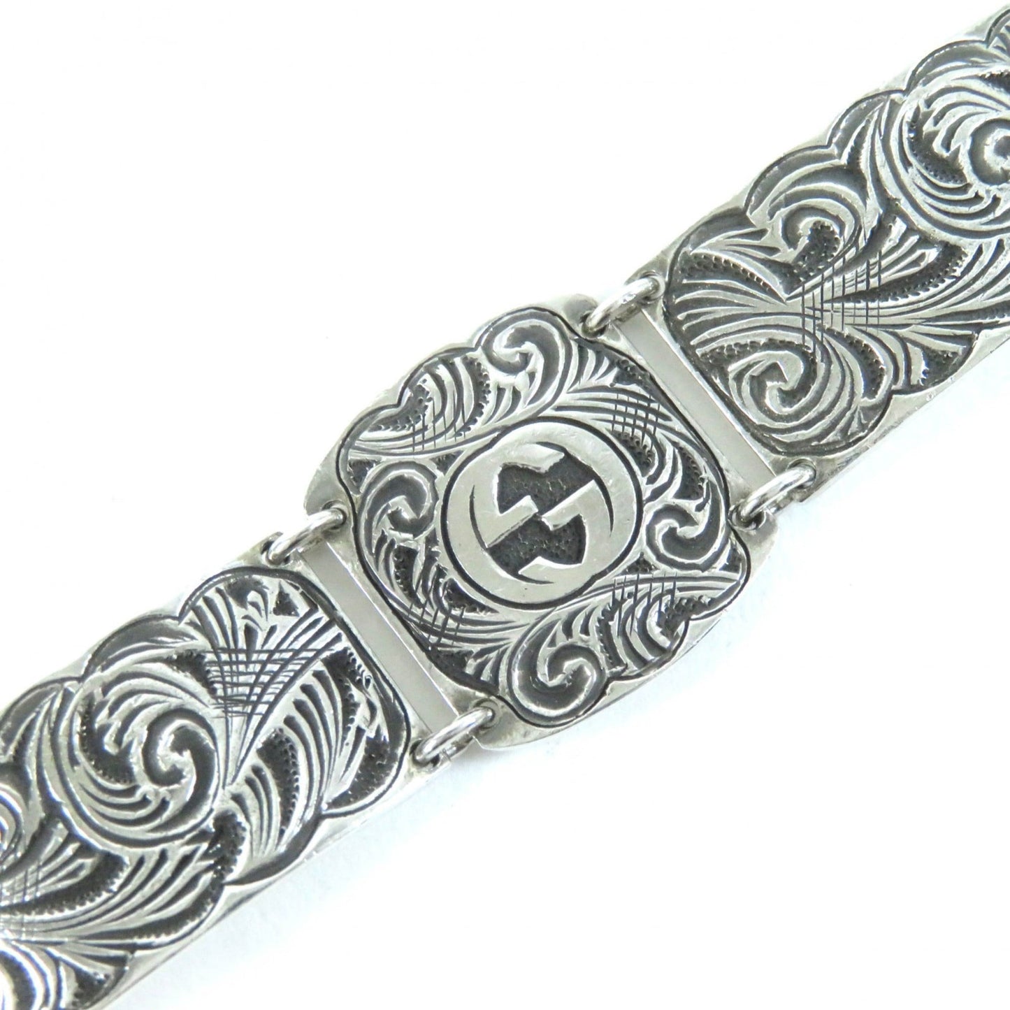 GUCCI Arabesque Interlocking G Bracelet, AG925 Silver, Size 17, Made in Italy, Weight 24.0g, Men's