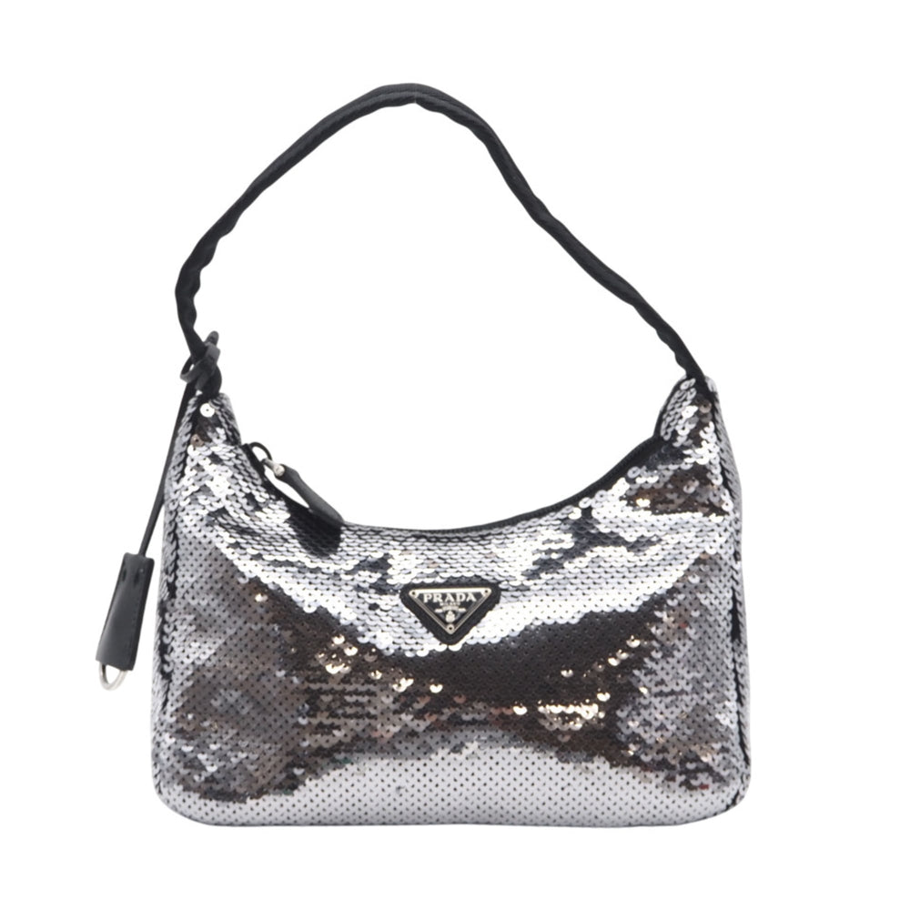 PRADA Nylon Re-Edition Sequin Hobo Handbag WS22477 Silver Black Women's — New - Store Return