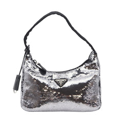 PRADA Nylon Re-Edition Sequin Hobo Handbag WS22477 Silver Black Women's — New - Store Return