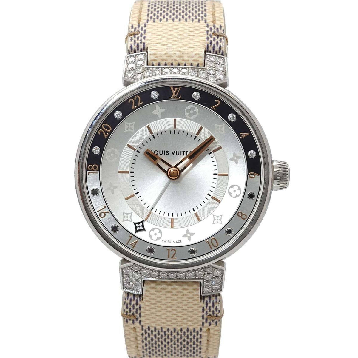 Louis Vuitton Tambour Moon Dual Time MM GMT QA108 Ladies' Watch with 12 Diamond Lugs, Black Diamonds, Silver, Quartz Movement — Very Good
