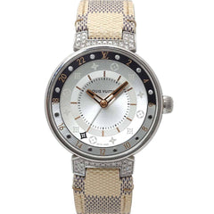 Louis Vuitton Tambour Moon Dual Time MM GMT QA108 Ladies' Watch with 12 Diamond Lugs, Black Diamonds, Silver, Quartz Movement — Very Good