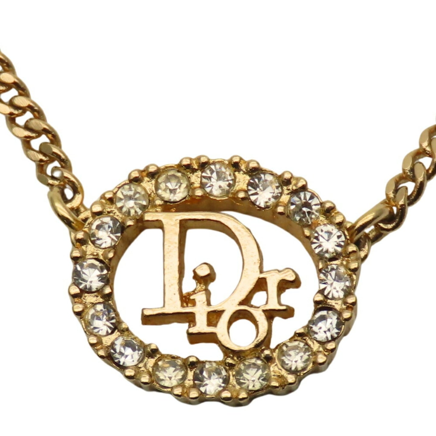 Christian Dior Necklace, Metal, Rhinestone, Gold Plated, GP, Women's,