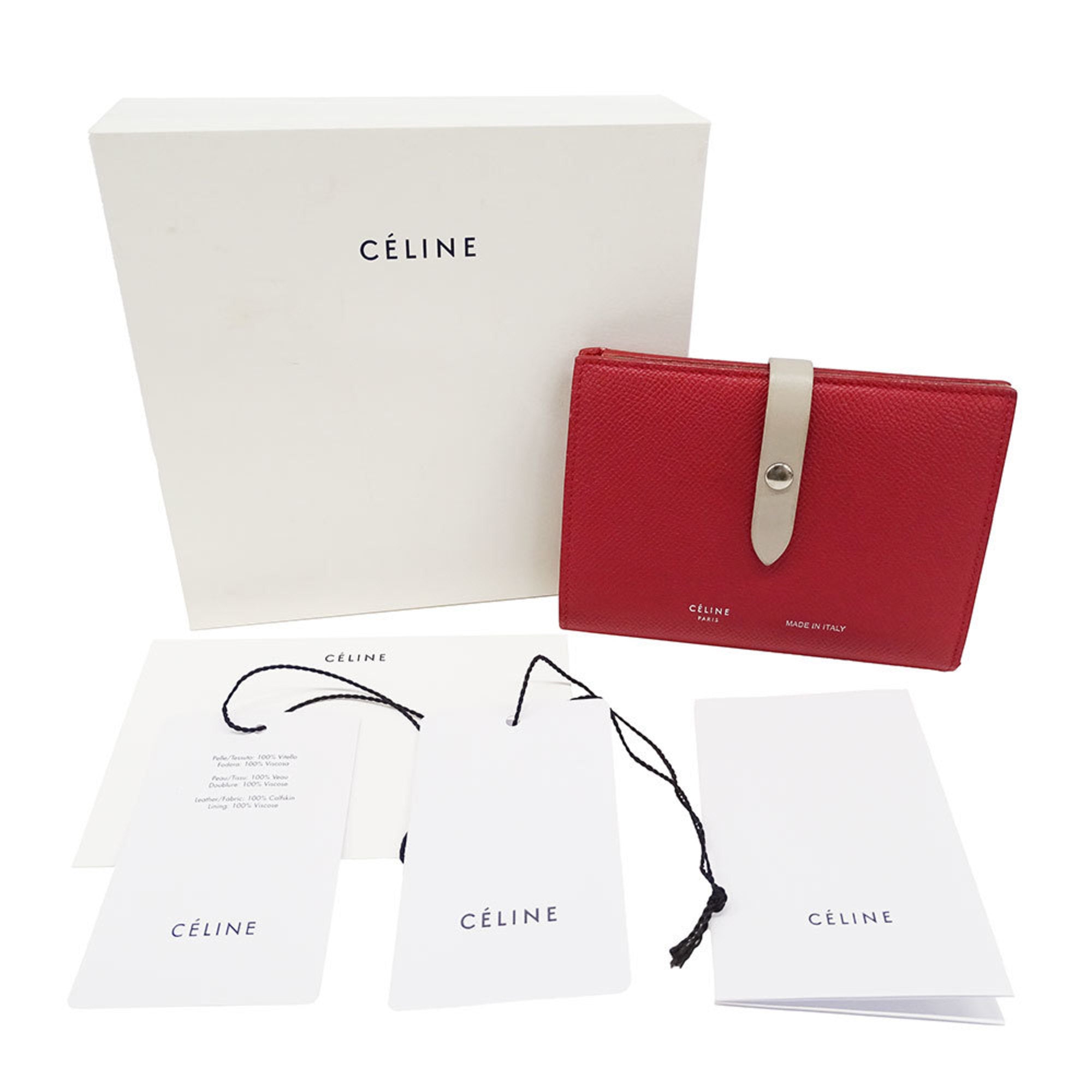 Celine Women's Leather Bi-fold Wallet with Medium Strap, Multi-Function, Red