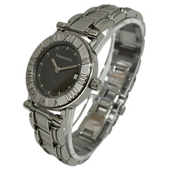 Tiffany & Co. Atlas watch, total weight 53.5g, stainless steel, quartz movement, black dial — Good