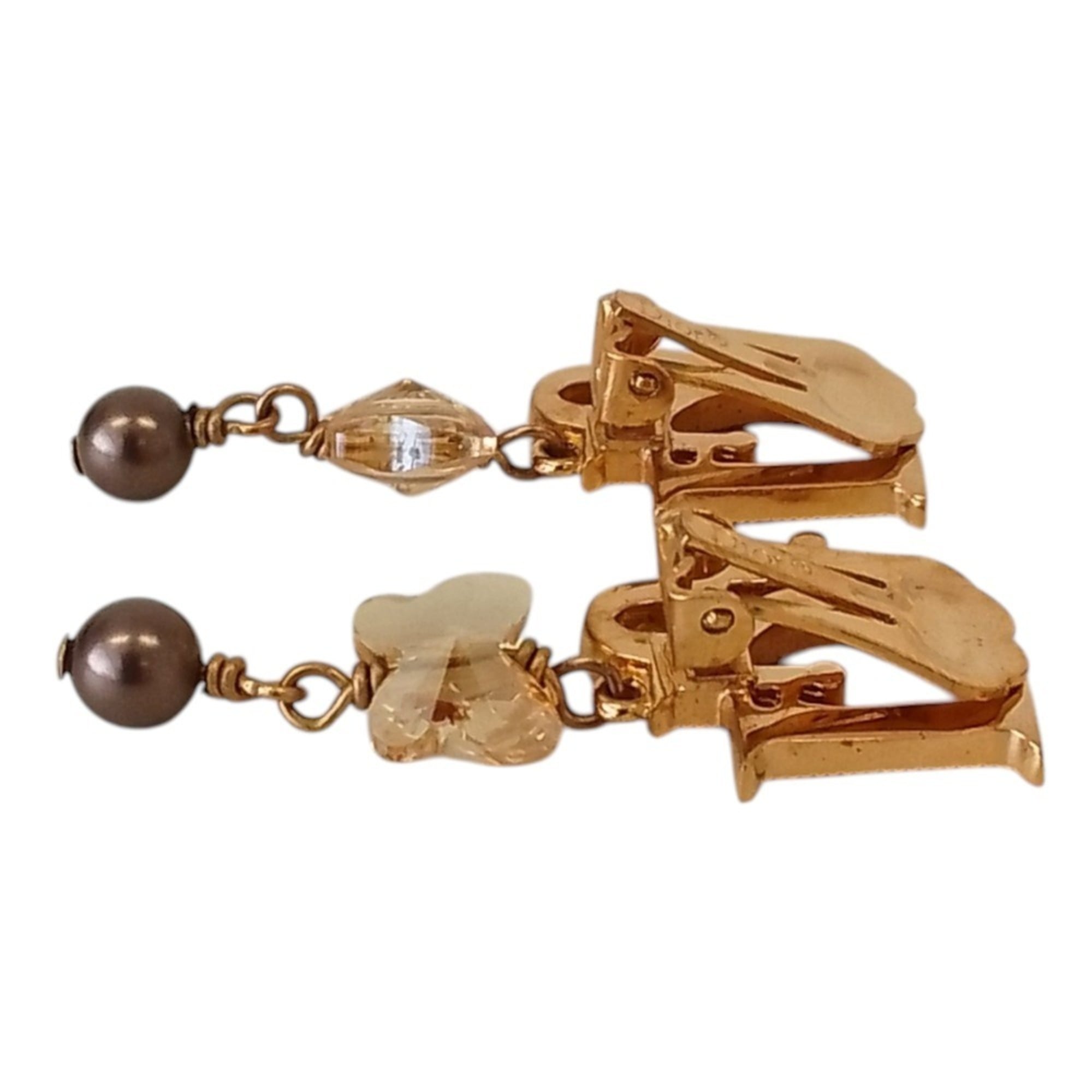 Christian Dior Rhinestone Logo Butterfly Pearl Swing Earrings, GP Gold Color, Women's — Like New