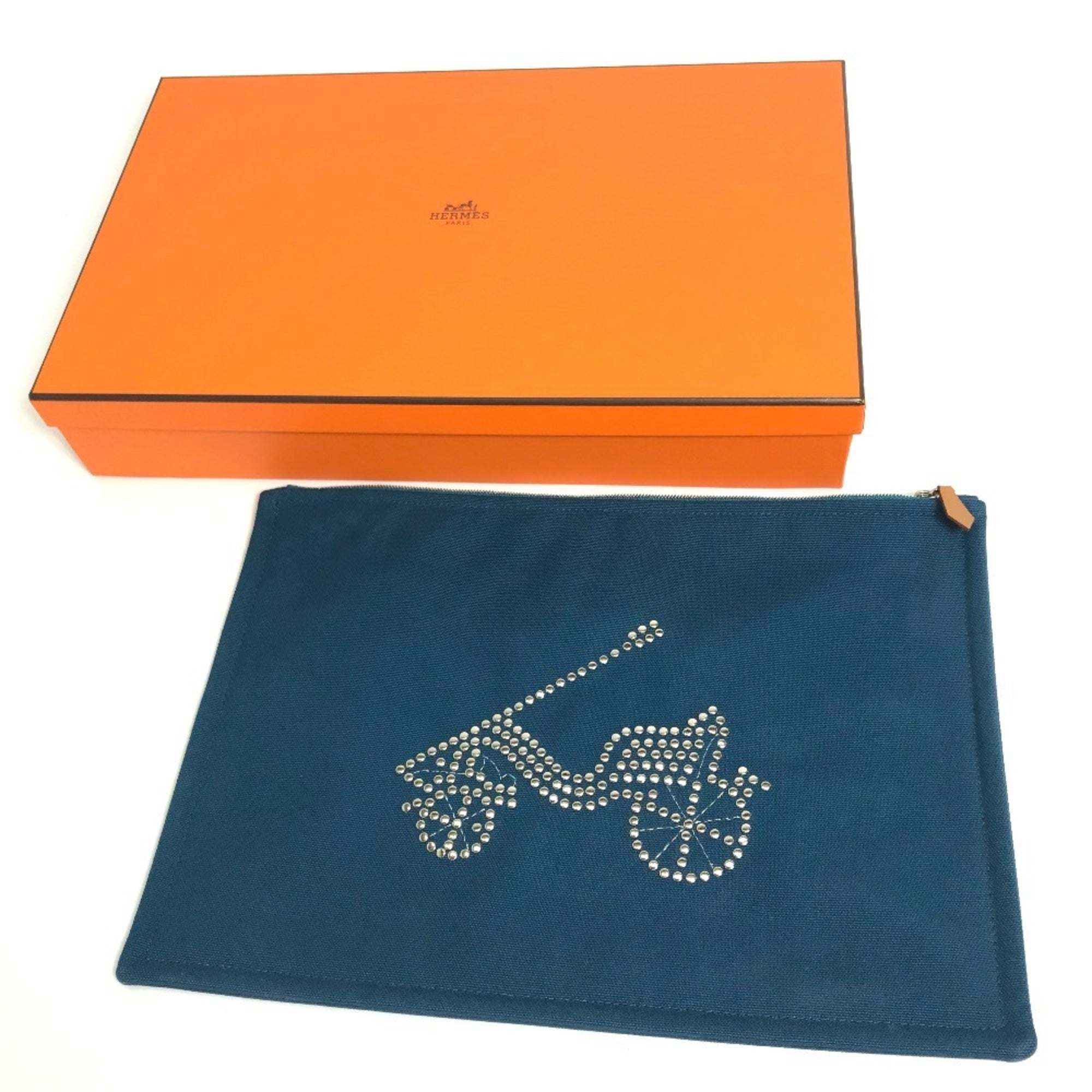 HERMES Hermes Bicycle Studs Velocipedi Flat Pouch GM Canvas Men's Women's Blue — New - Store Return