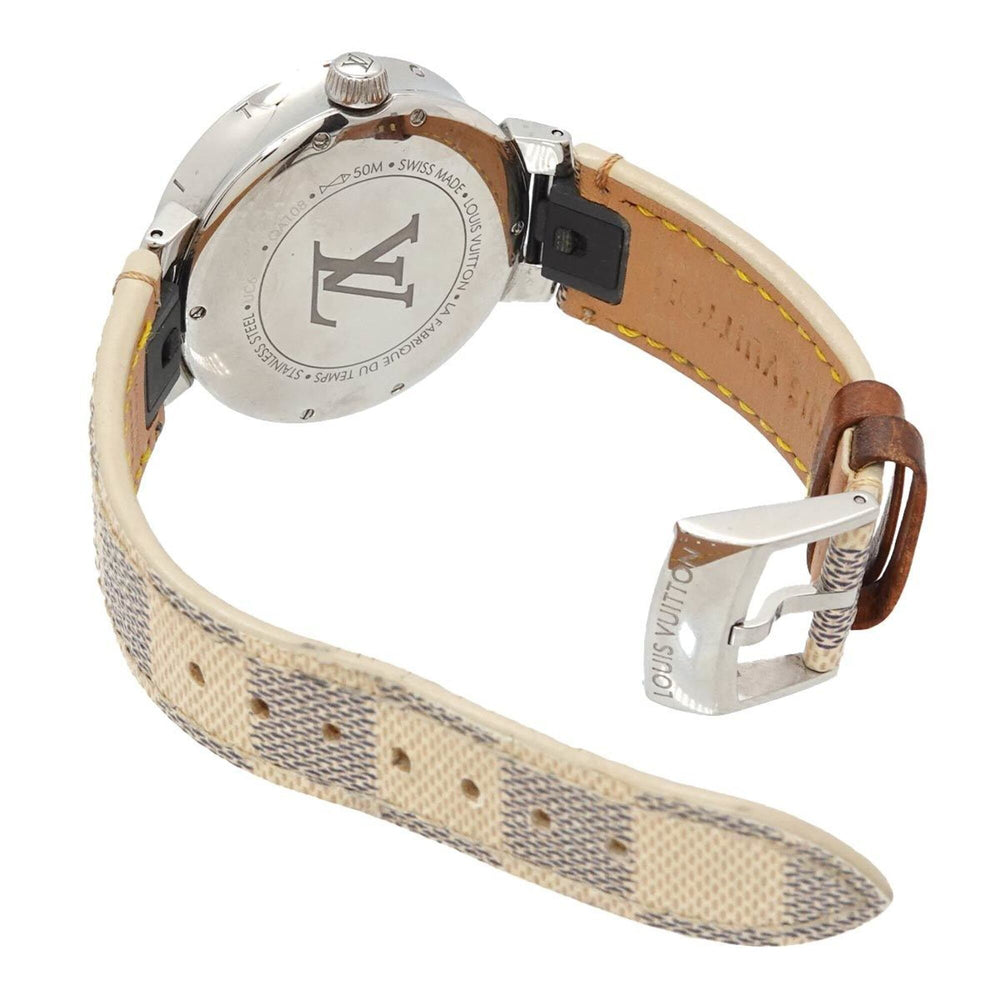 Louis Vuitton Tambour Moon Dual Time MM GMT QA108 Ladies' Watch with 12 Diamond Lugs, Black Diamonds, Silver, Quartz Movement — Very Good