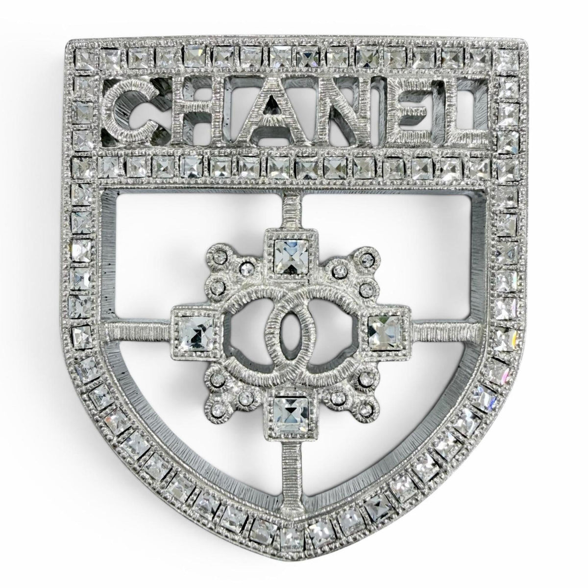 CHANEL B15B Emblem Logo Coco Mark Rhinestone Brooch, Silver, Made in Italy, Women's, with Box — Like New