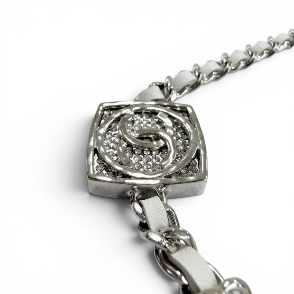 CHANEL (Chanel) 2025 Model B25C Coco Mark Rhinestone Leather Necklace Choker Silver White Made in Italy Women's — Like New