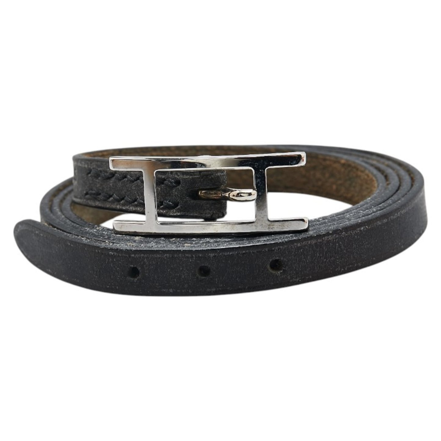 Hermes API3 Long Bracelet Choker Black Silver Leather Women's HERMES