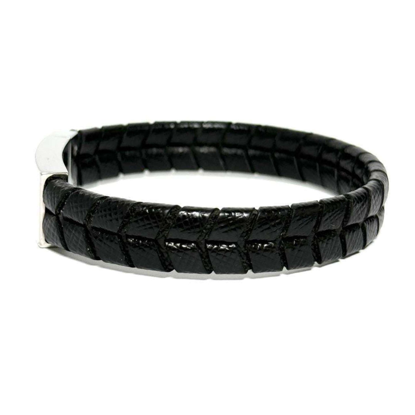 Prada Men's Logo Plate Leather Bracelet Black
