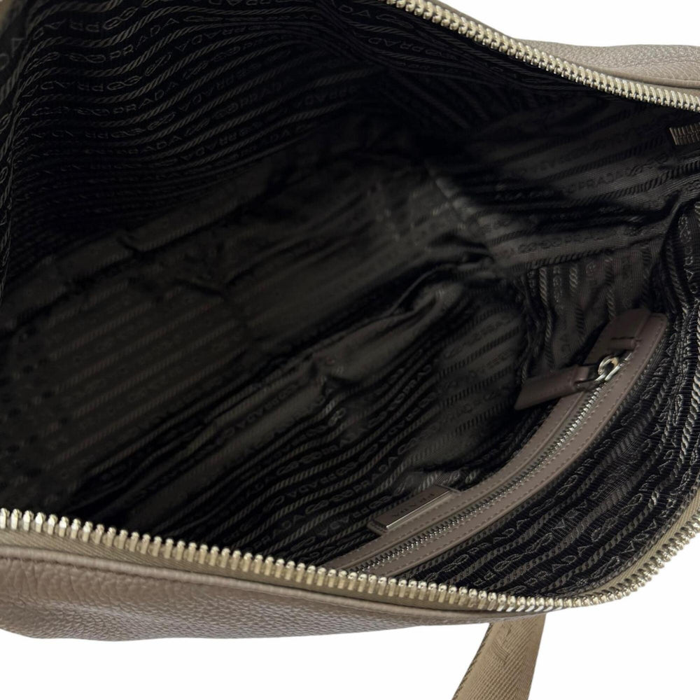 PRADA 2VH182 Vitello Daino Leather Triangle Logo Crossbody Shoulder Bag, Greige, Made in Italy, Men's — Like New