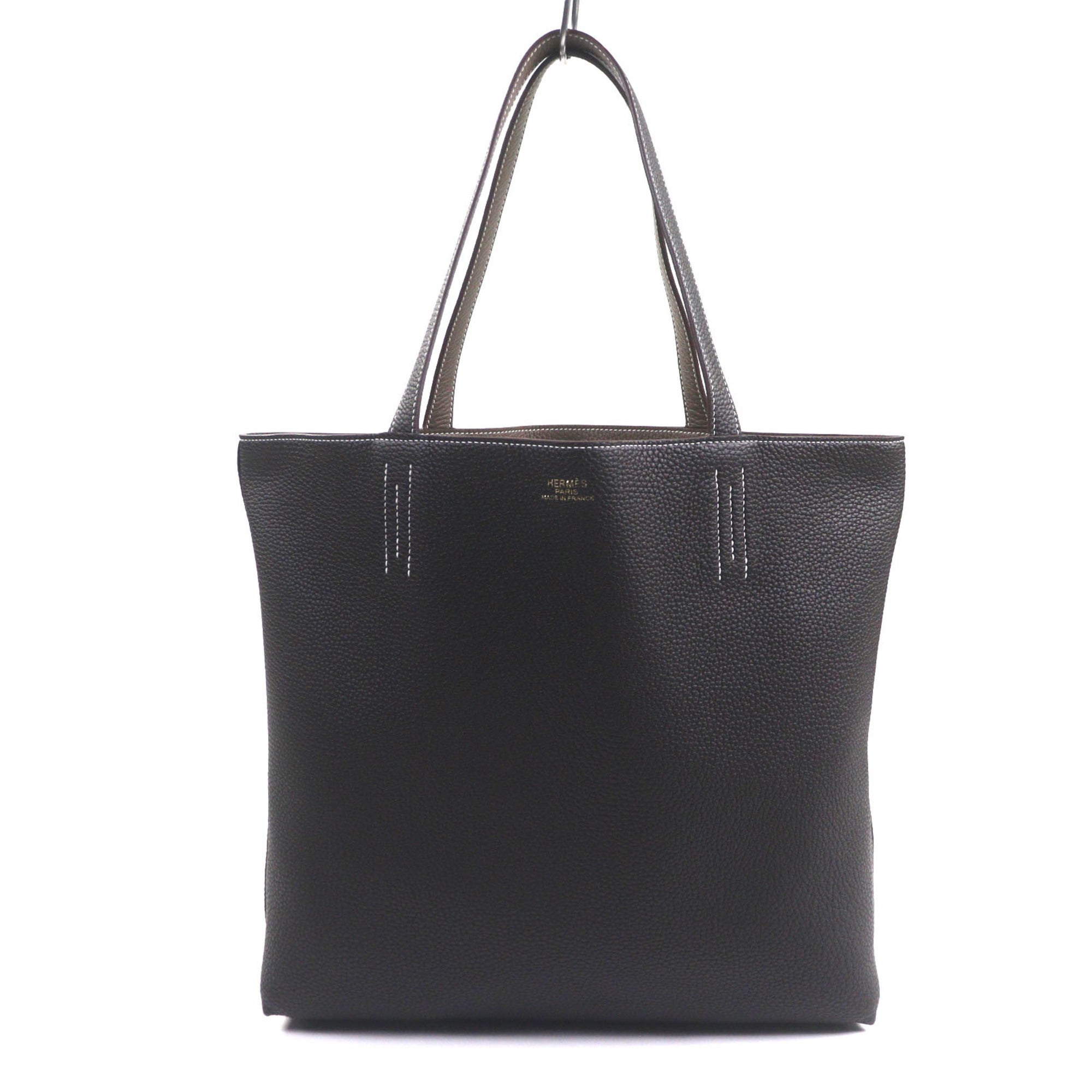 HERMES Double Sens 45 Tote Bag, Taurillon Clemence Leather, Etoupe/Ebene, K Stamp, with Dust Made in France, Men's — Like New