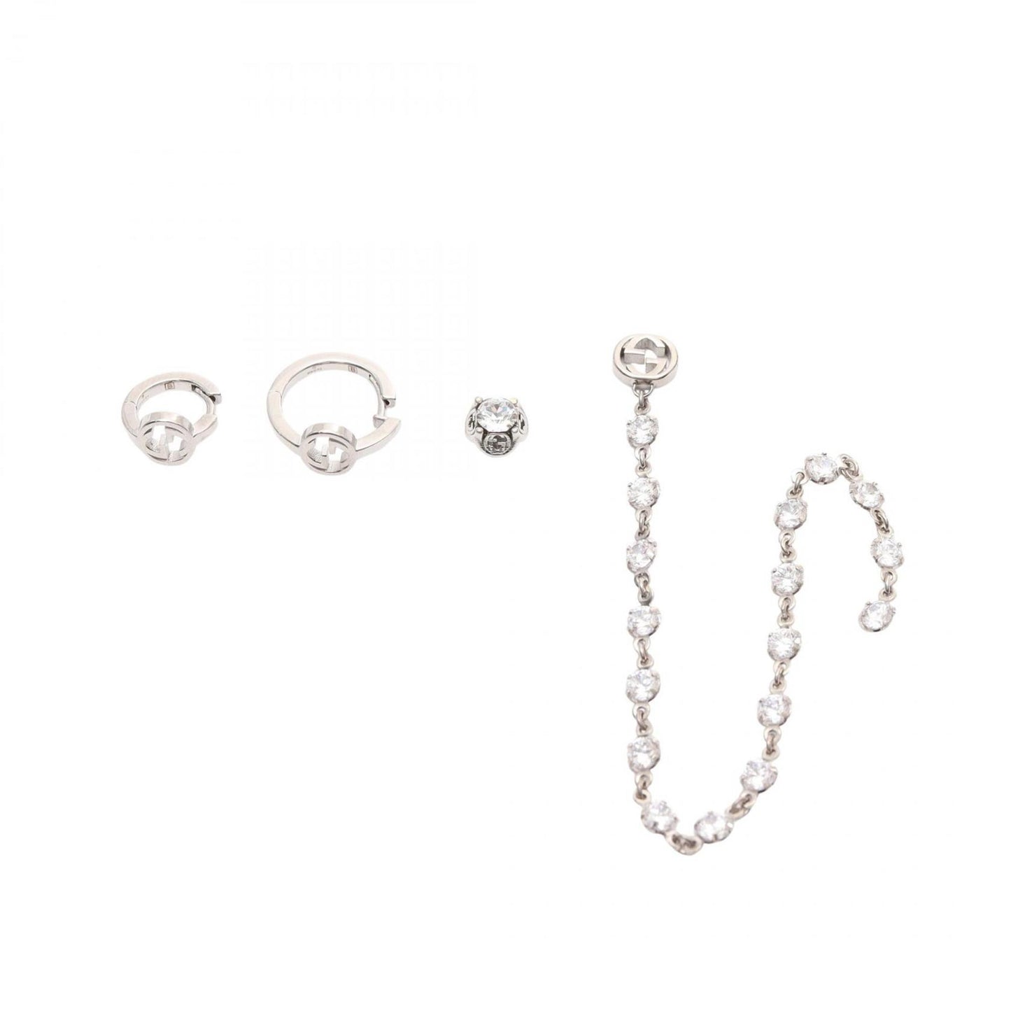 Gucci Interlocking G Nail Piercings, Stainless Steel with Rhinestones, Silver and Clear, 720757