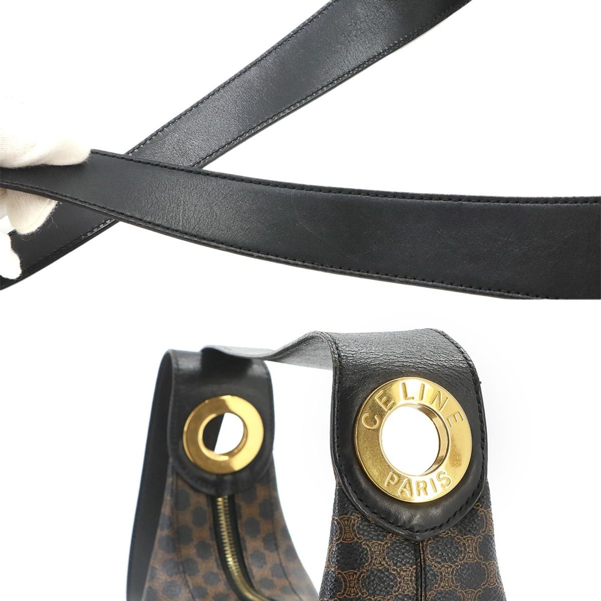 Celine Macadam Handbag, Leather, Black/Brown, Gold Hardware, Shoulder Bag — Like New