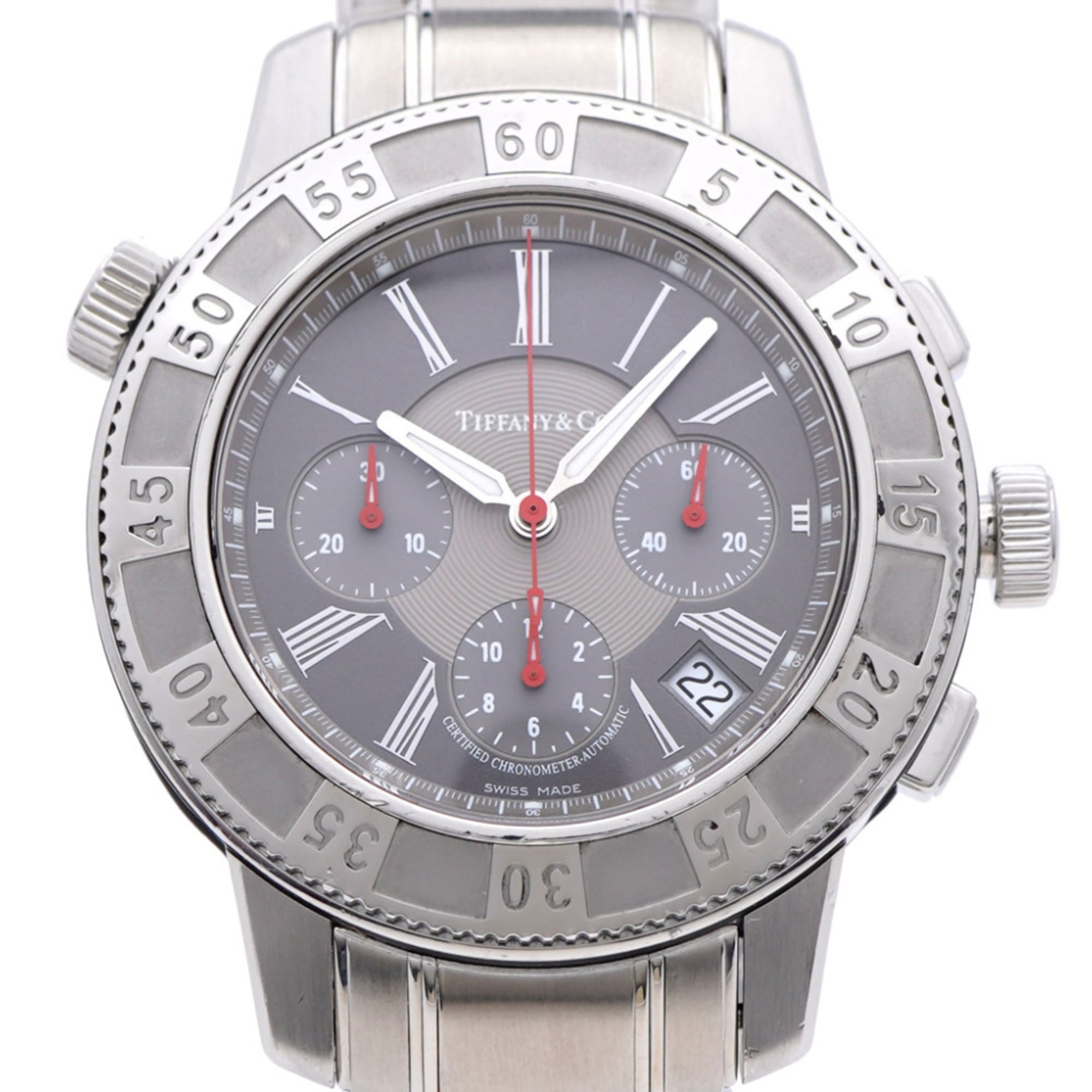 Tiffany & Co. T-57 Chronograph Watch with See-Through Back, Automatic, Stainless Steel, Gray, 0201, TIFFANY Co., Men's — Good