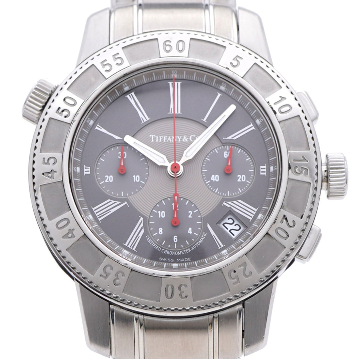 Tiffany & Co. T-57 Chronograph Watch with See-Through Back, Automatic, Stainless Steel, Gray, 0201, TIFFANY Co., Men's — Good