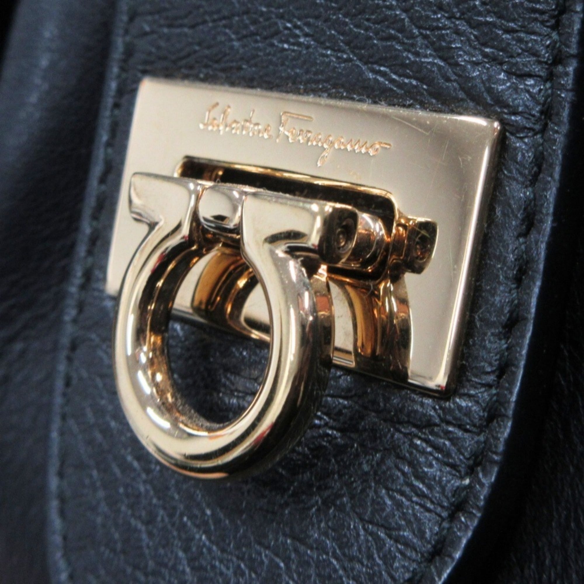 Salvatore Ferragamo Gancini Leather 2-Way Handbag with Gold Hardware, Black, Women's