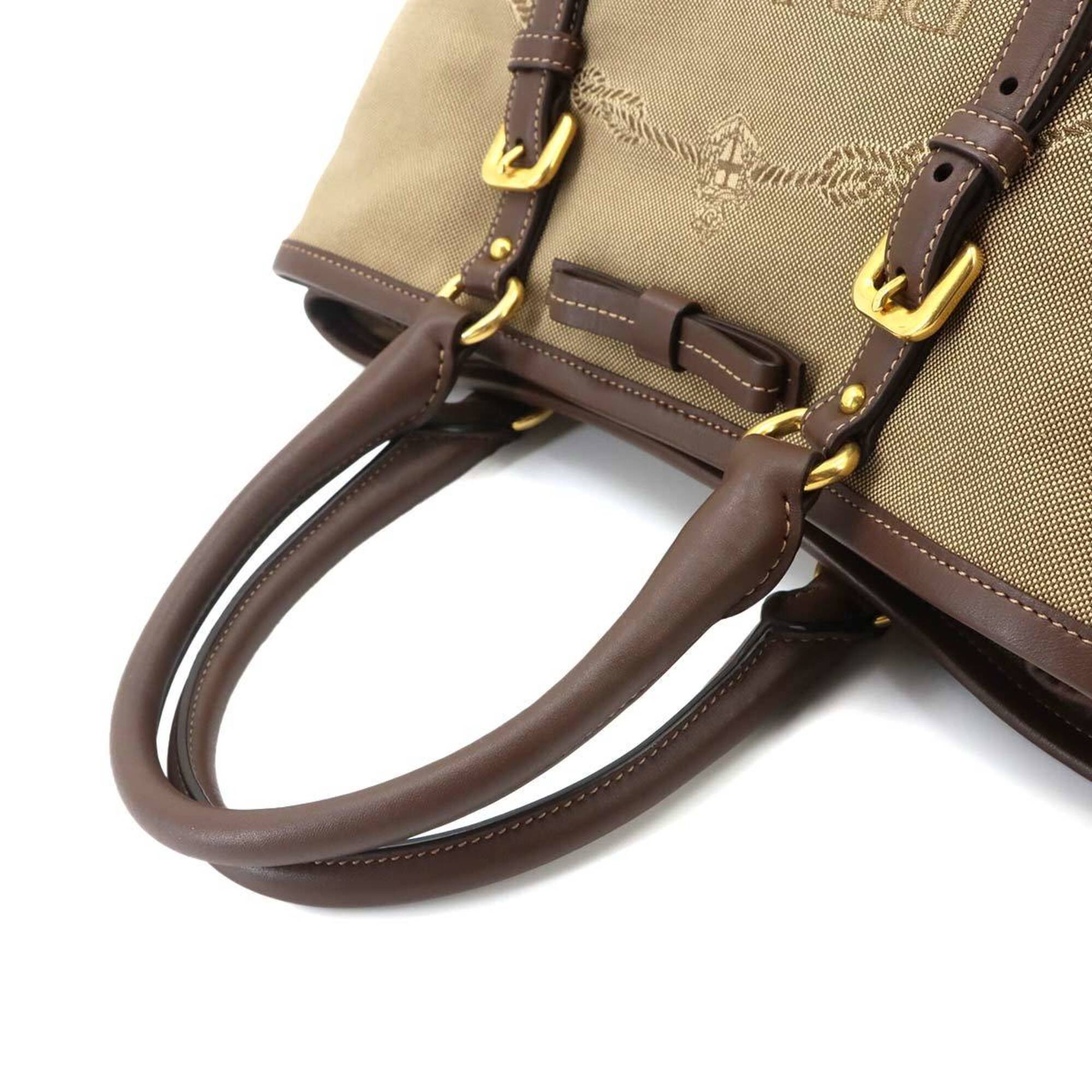 Prada Jacquard Ribbon 2-way Hand/Shoulder Handbag, Canvas and Leather, Beige/Brown Logo Bag — Like New
