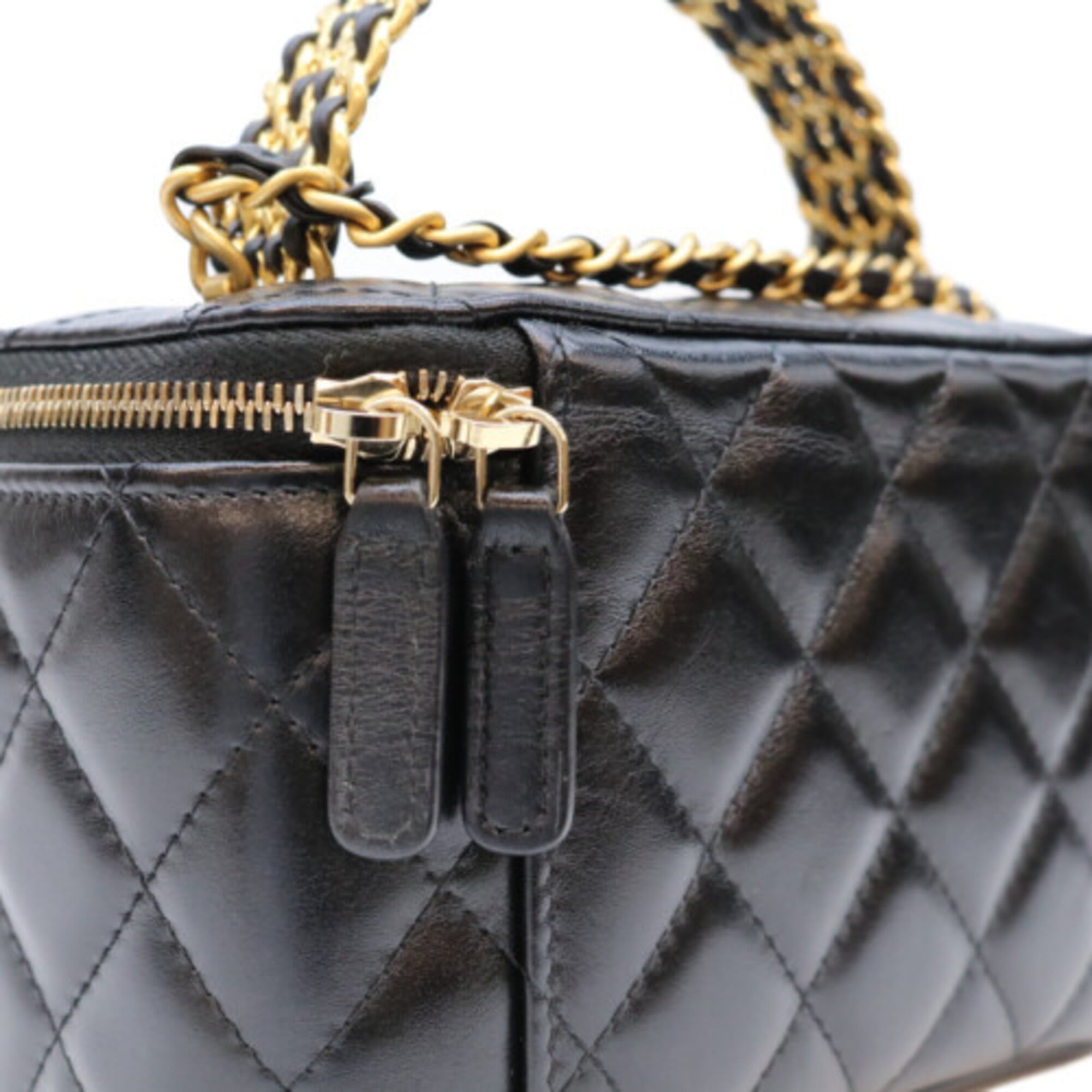 CHANEL AP3243 Black Lambskin Gold Hardware Top Handle 2-Way Vanity Bag Shoulder Women's — Like New
